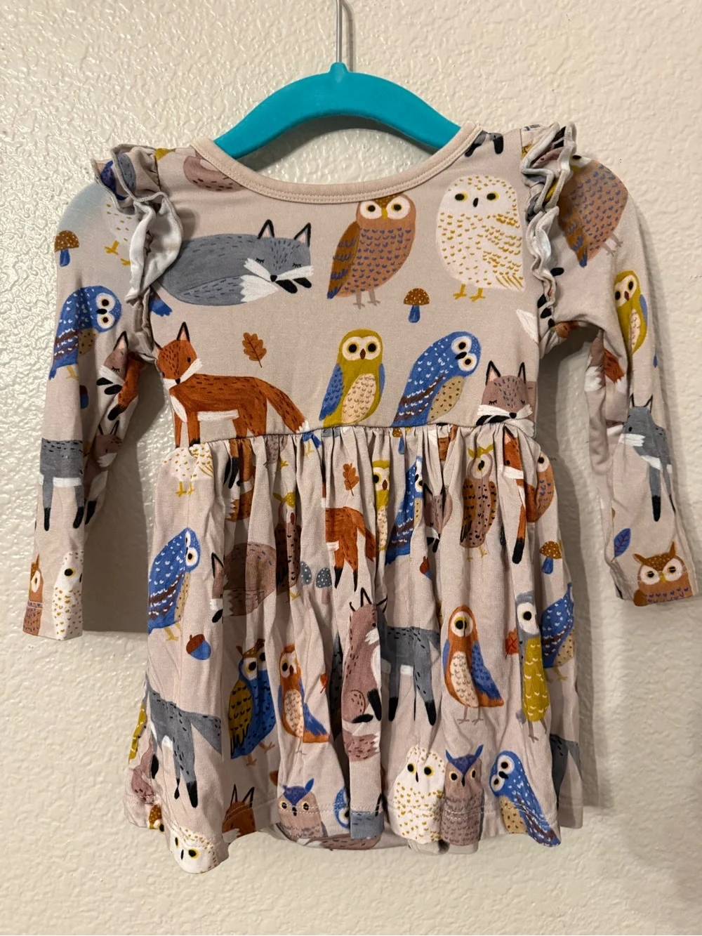 Girls Beige Woodland Animal Print Long-Sleeve Dress